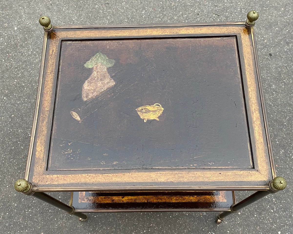 1950 ′ Maison Jansen Table In Patinated Bronze With Coromandel Chinese Lacquer Trays 47x37xh59cm-photo-5