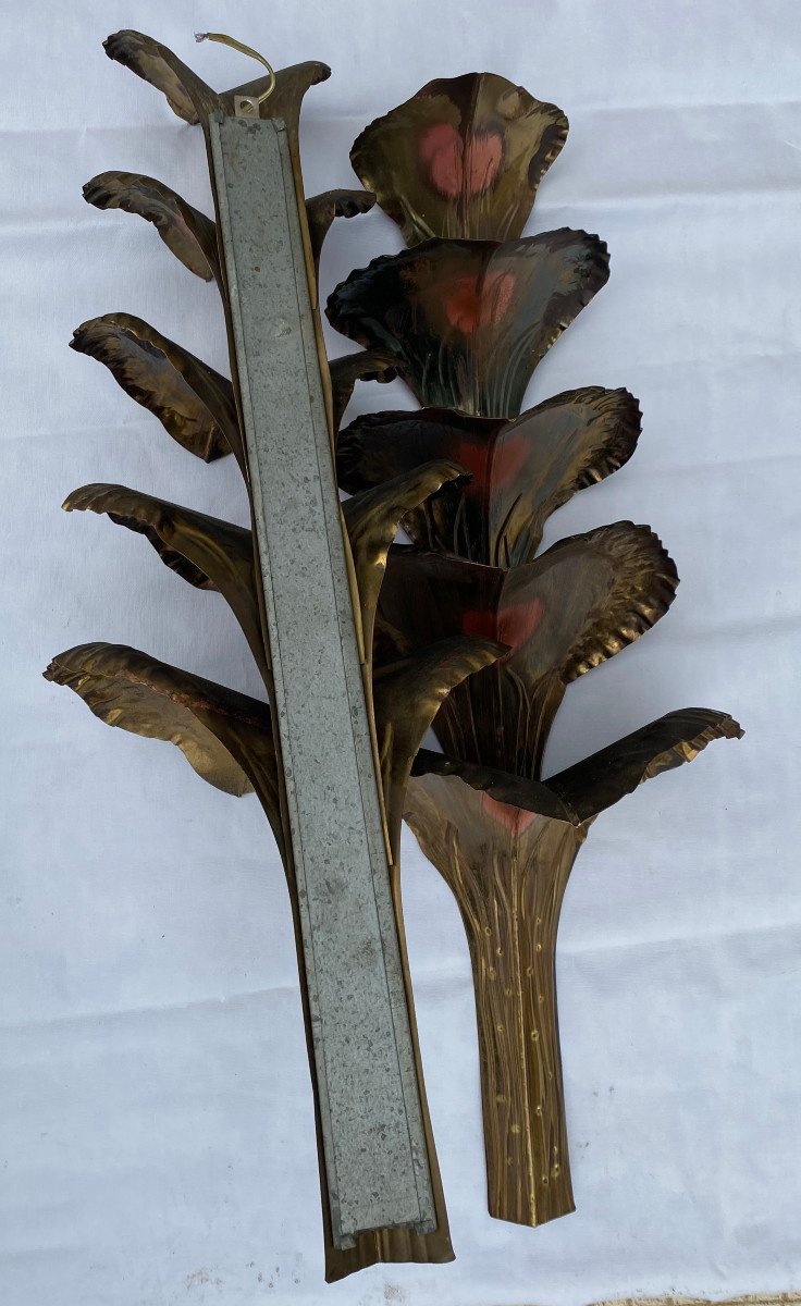 1970′ Pair Of Patinated Brass Sconces Allegory Ginkgo Foliage With 4 Bulbs Symbol Longevity-photo-1