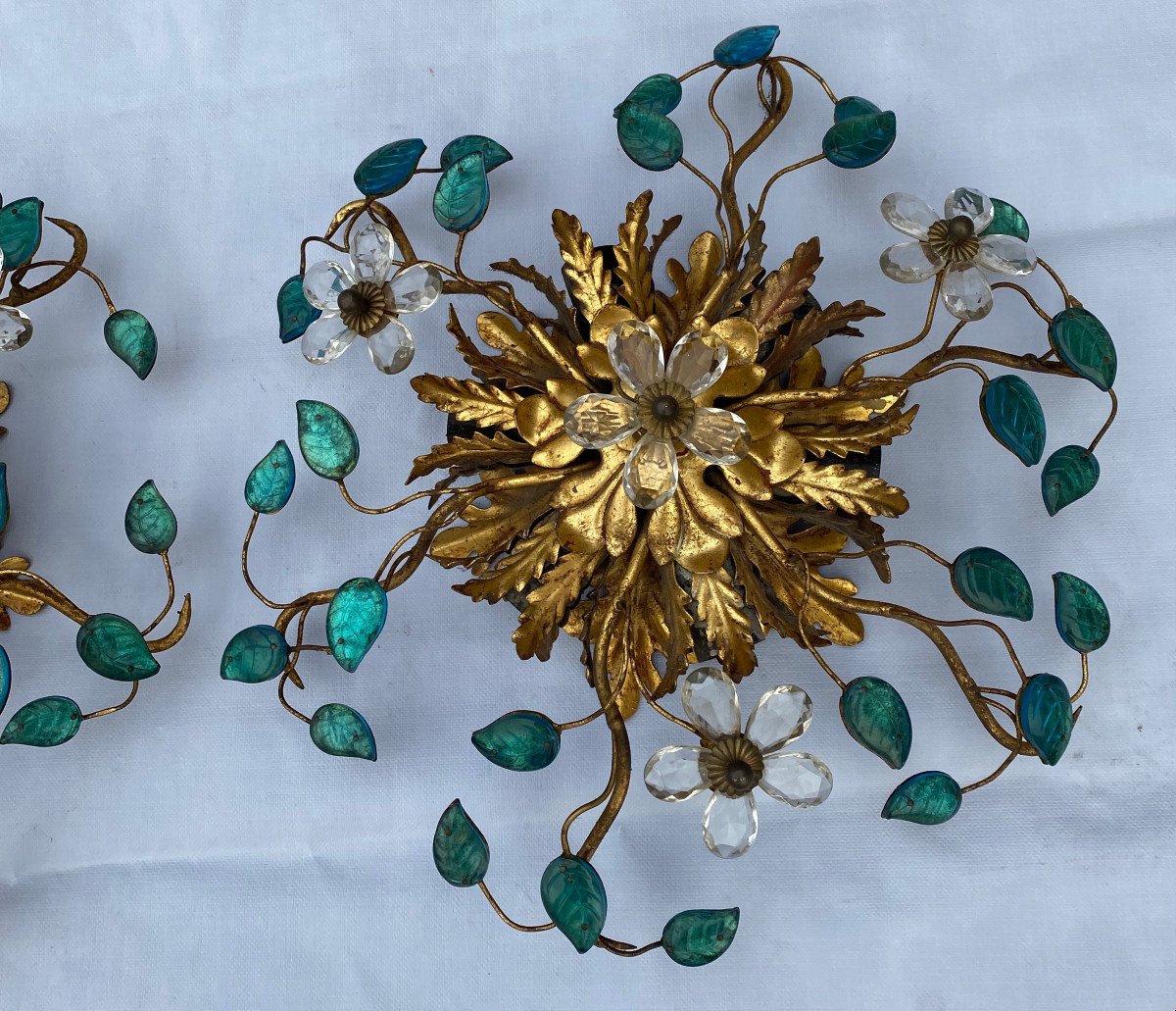 1970′ Paire d'Appliques Décor De Fleurs Et Feuilles En Métal Doré et Verre Bleu Baguès/banci-photo-3