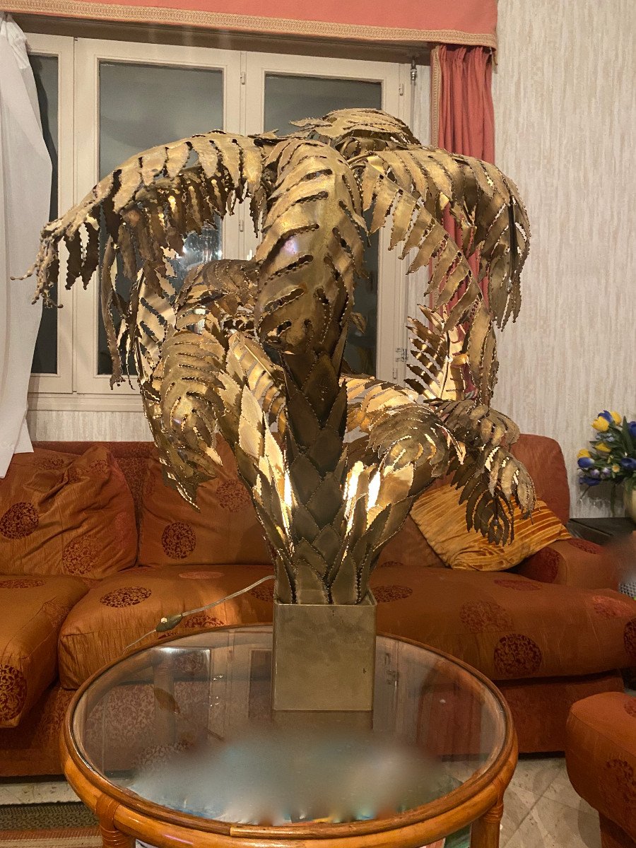1970′ Palm Tree Floor Lamp, Brass Maison Jansen 3 Heads Brutalist Style