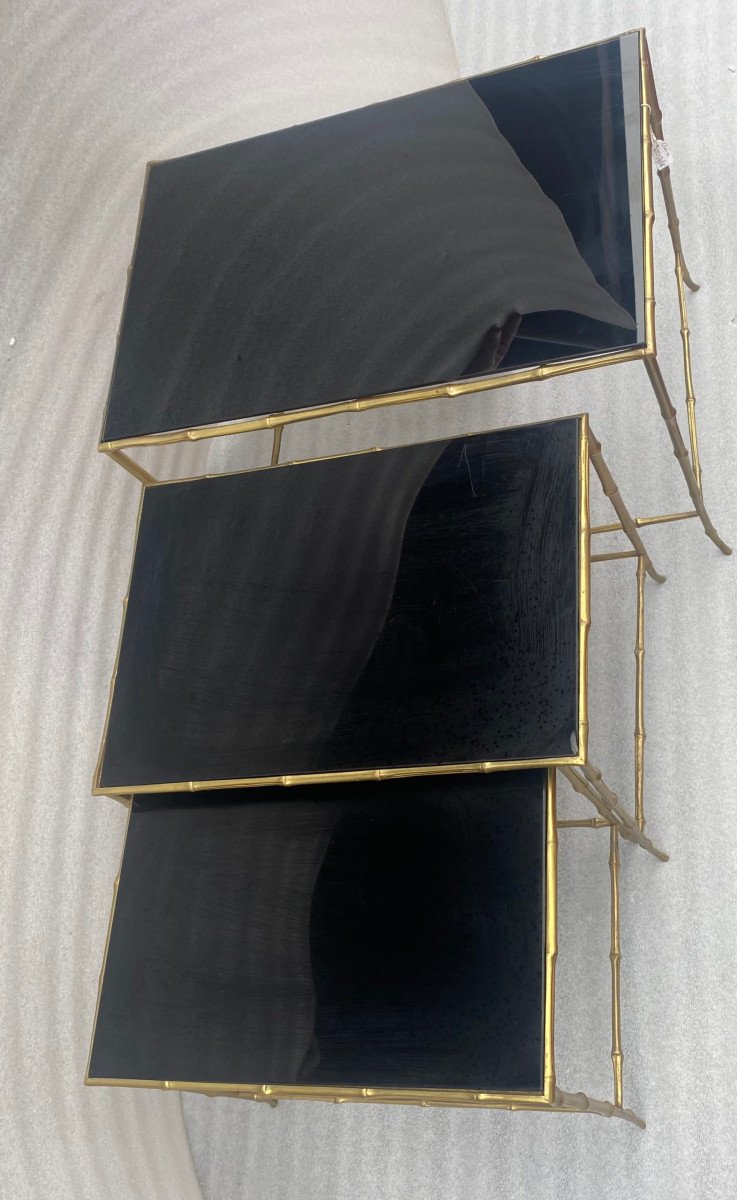 1970′ Maison Baguès Nesting Tables, 3 Black Mirror Trays And Bamboo Decor Uprights 61x40xh45-photo-5