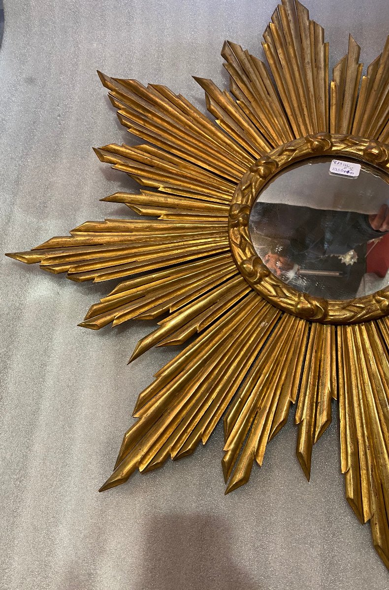 1950′ Miroir Soleil Plat, Bois Doré 90 Cm-photo-4