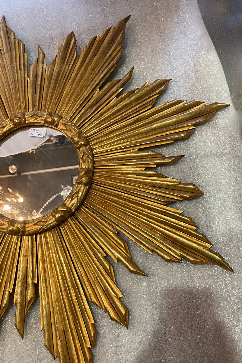 1950′ Flat Sun Mirror, Golden Wood 90 Cm-photo-1