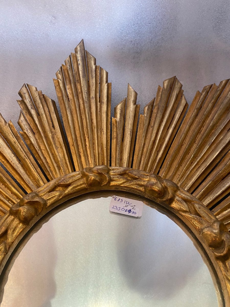 1950′ Flat Sun Mirror, Golden Wood 90 Cm-photo-3