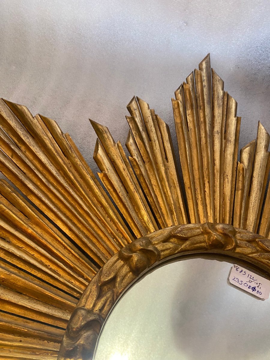 1950′ Flat Sun Mirror, Golden Wood 90 Cm-photo-4