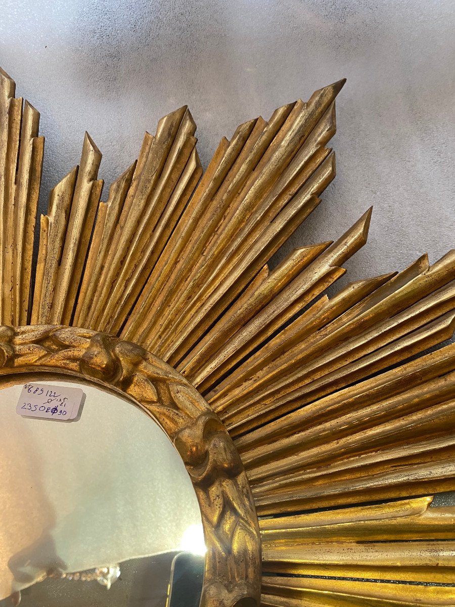 1950′ Flat Sun Mirror, Golden Wood 90 Cm-photo-5