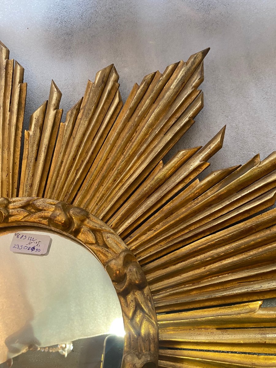 1950′ Miroir Soleil Plat, Bois Doré 90 Cm-photo-5