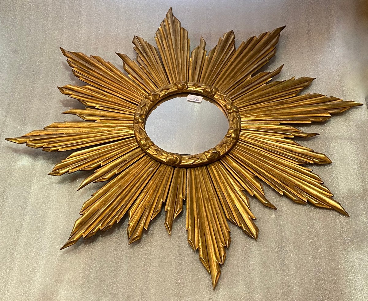 1950′ Miroir Soleil Plat, Bois Doré 90 Cm