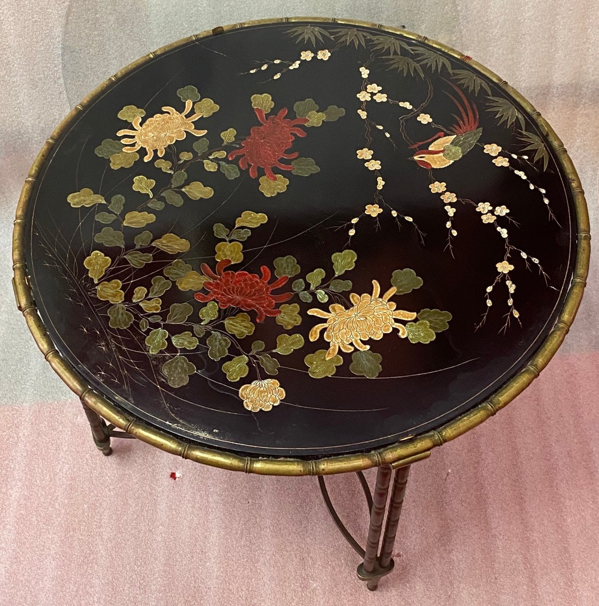 1950/70′ Round Bronze Coffee Table Palm Tree Decor, Black Chinese Lacquer Tray Dlg Maison Baguès-photo-2