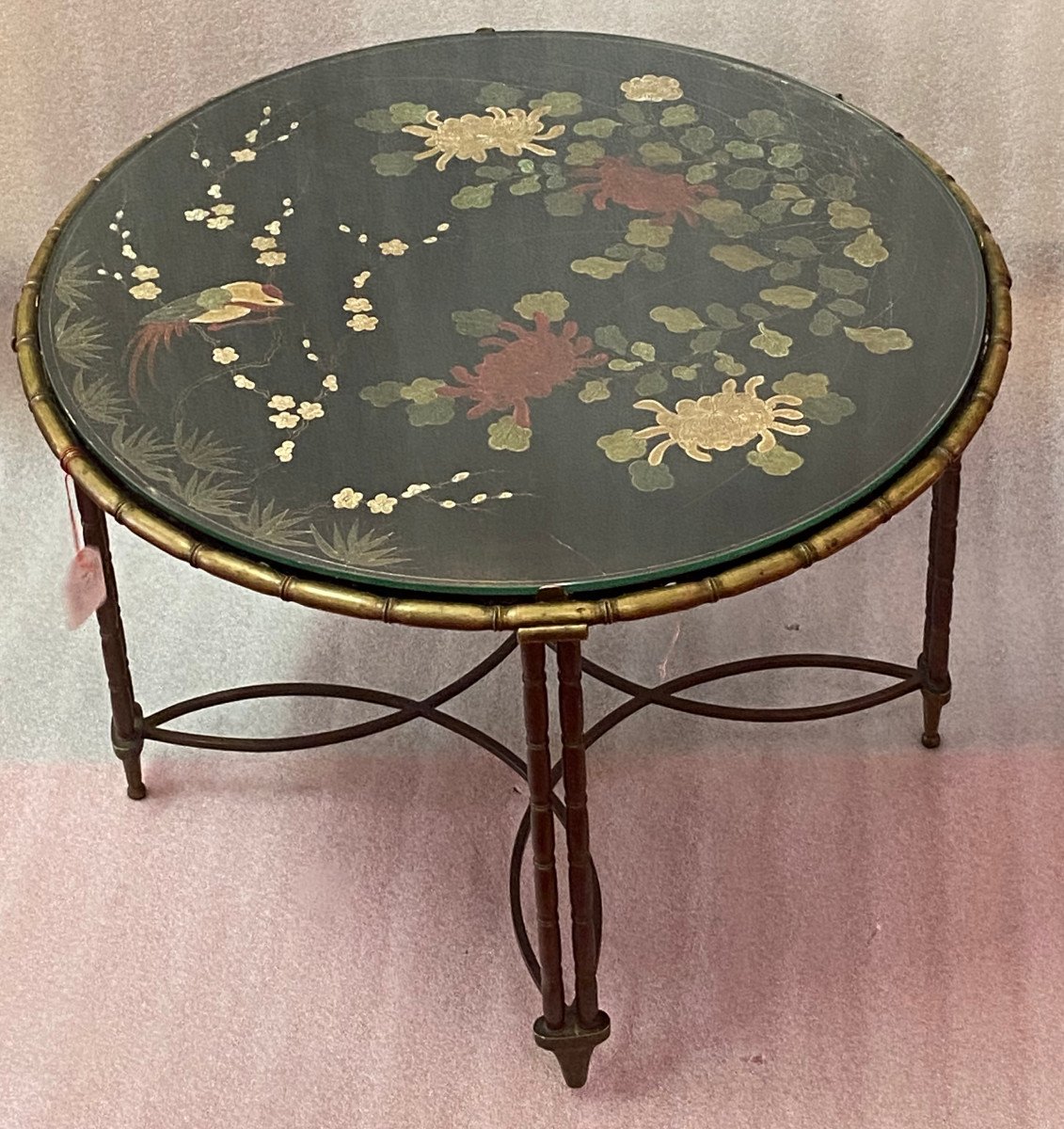 1950/70′ Table Basse Ronde Bronze Décor Palmier, Plateau Laque De Chine Noire Dlg Maison Baguès-photo-3