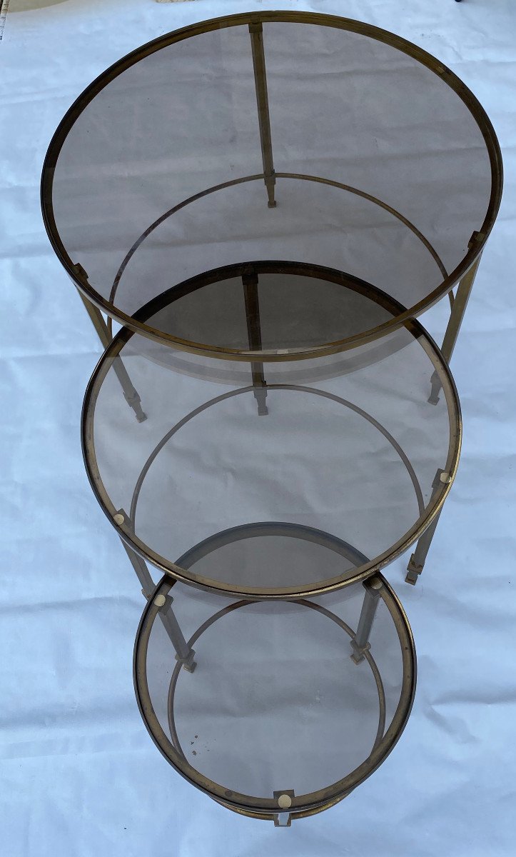 1950/70 Series Of Round Nesting Tables Maison Ramsay Style In Brass-photo-2