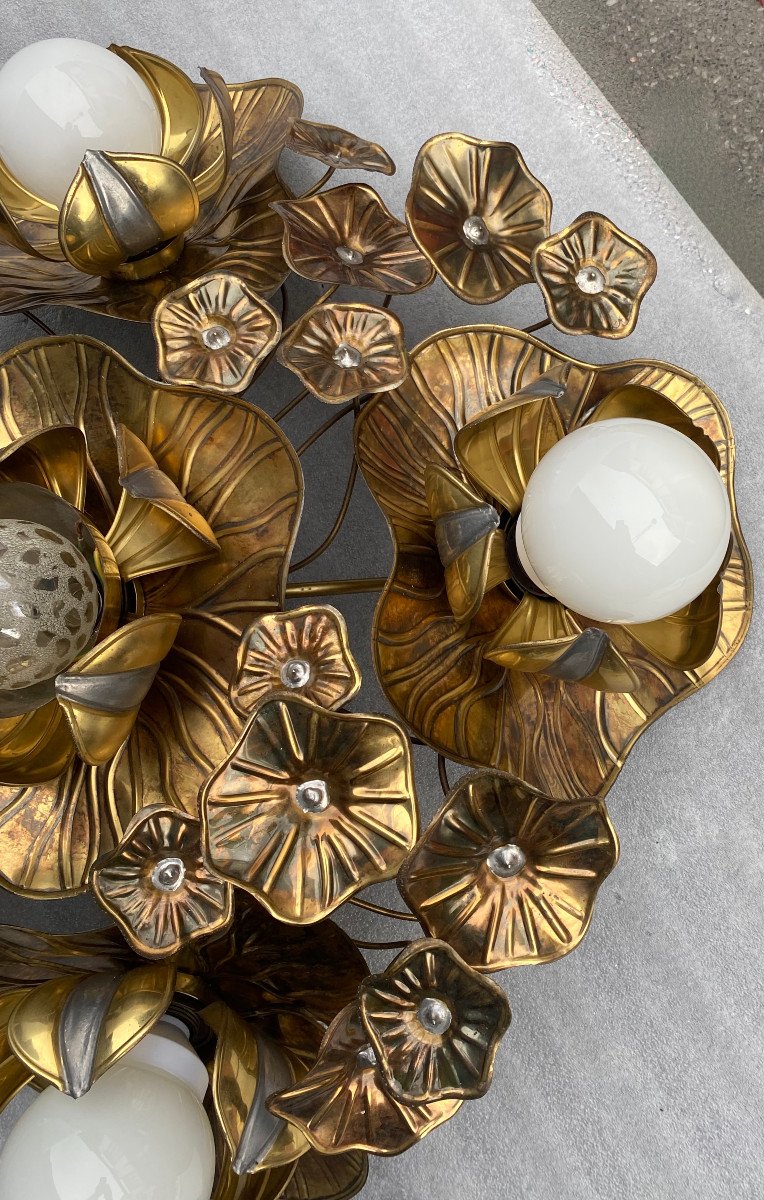 1970′ Ceiling Light With Foliage Maison Jansen In Brass Ø 90 Cm 5 Bulbs-photo-1