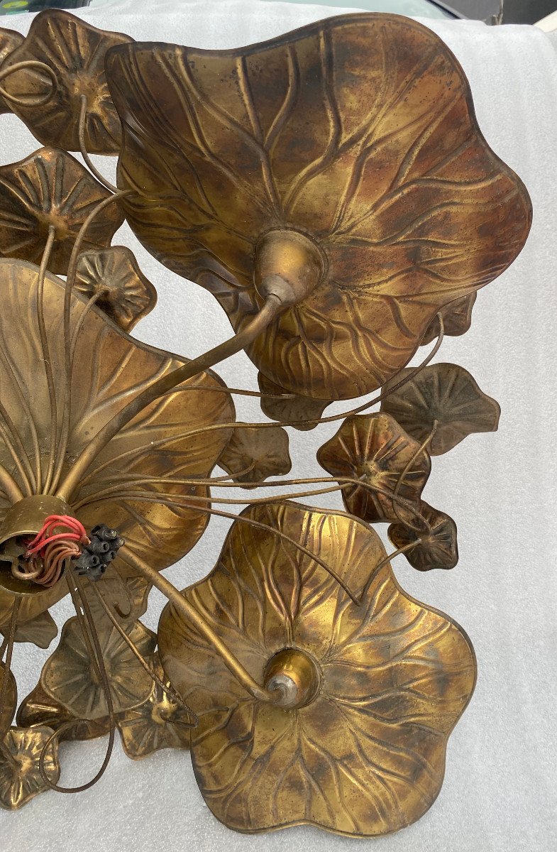1970′ Ceiling Light With Foliage Maison Jansen In Brass Ø 90 Cm 5 Bulbs-photo-3