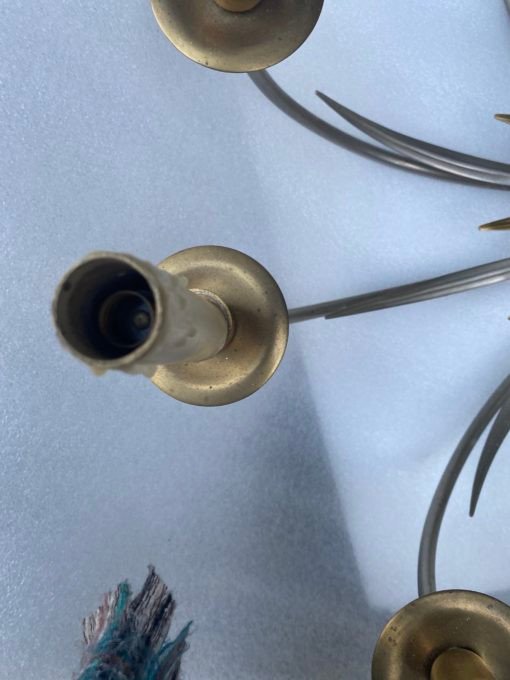 1950/70′ Pair Of Sconces + Chandelier In Gilt And Silver Bronze With Reeds Signed Maison Charles-photo-2