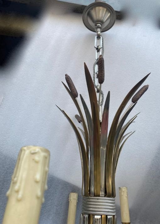 1950/70′ Pair Of Sconces + Chandelier In Gilt And Silver Bronze With Reeds Signed Maison Charles-photo-1