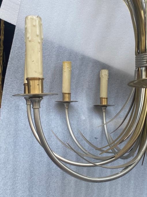 1950/70′ Pair Of Sconces + Chandelier In Gilt And Silver Bronze With Reeds Signed Maison Charles-photo-5
