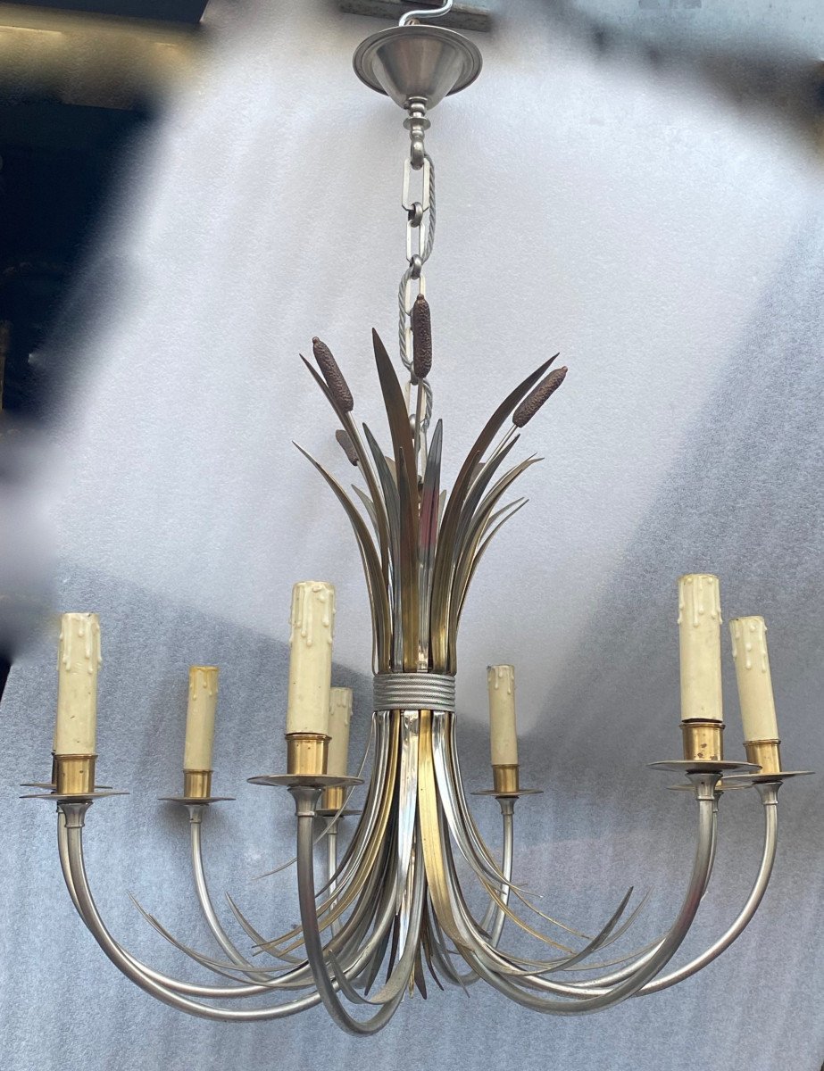 1950/70′ Pair Of Sconces + Chandelier In Gilt And Silver Bronze With Reeds Signed Maison Charles-photo-6