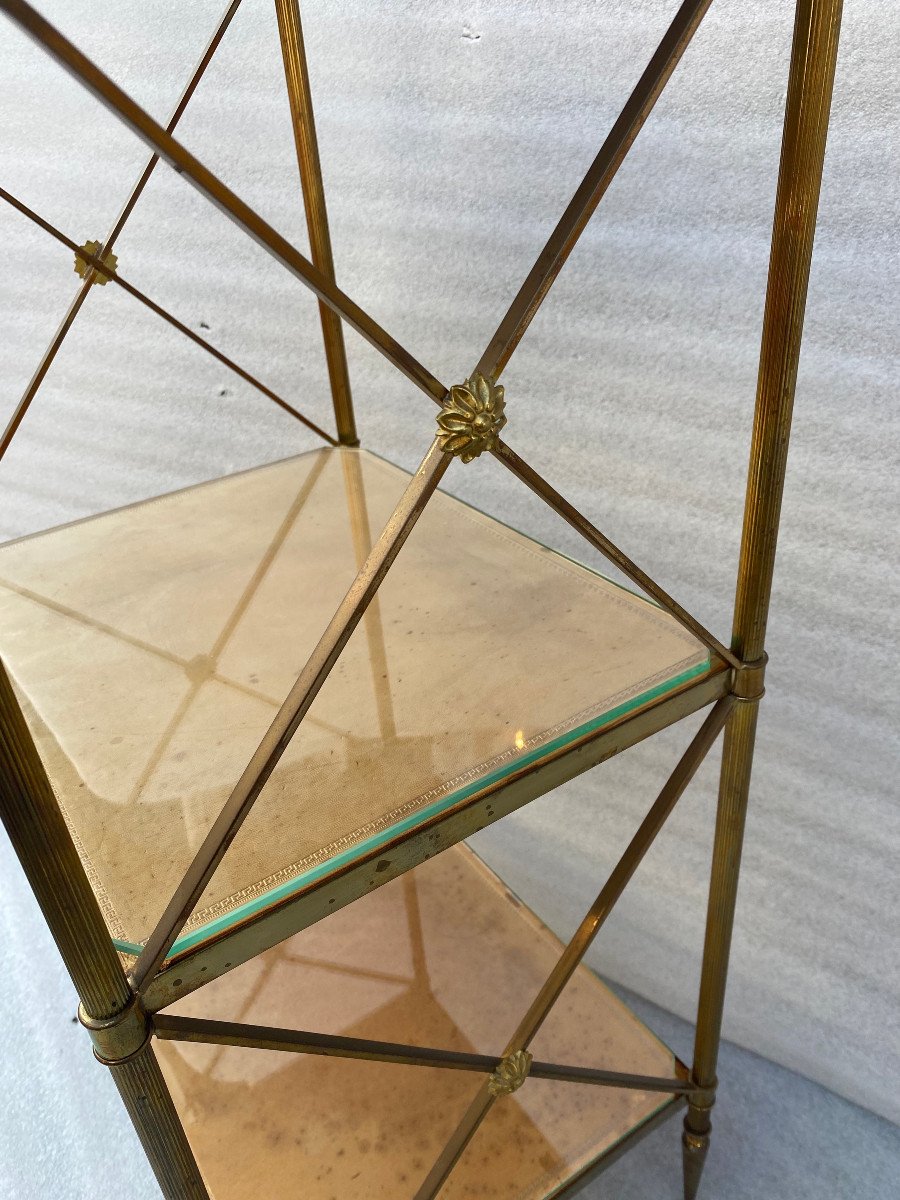 1970′ Étagère En Laiton à 3 Niveaux Maison Baguès Plateaux Cuir Vintage 32 X 40 H 86 Cm-photo-2