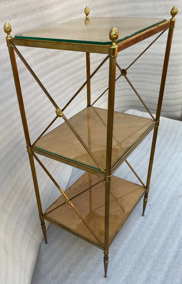 1970′ Brass Shelf With 3 Levels Maison Baguès Vintage Leather Trays 32 X 40 H 86 Cm-photo-1