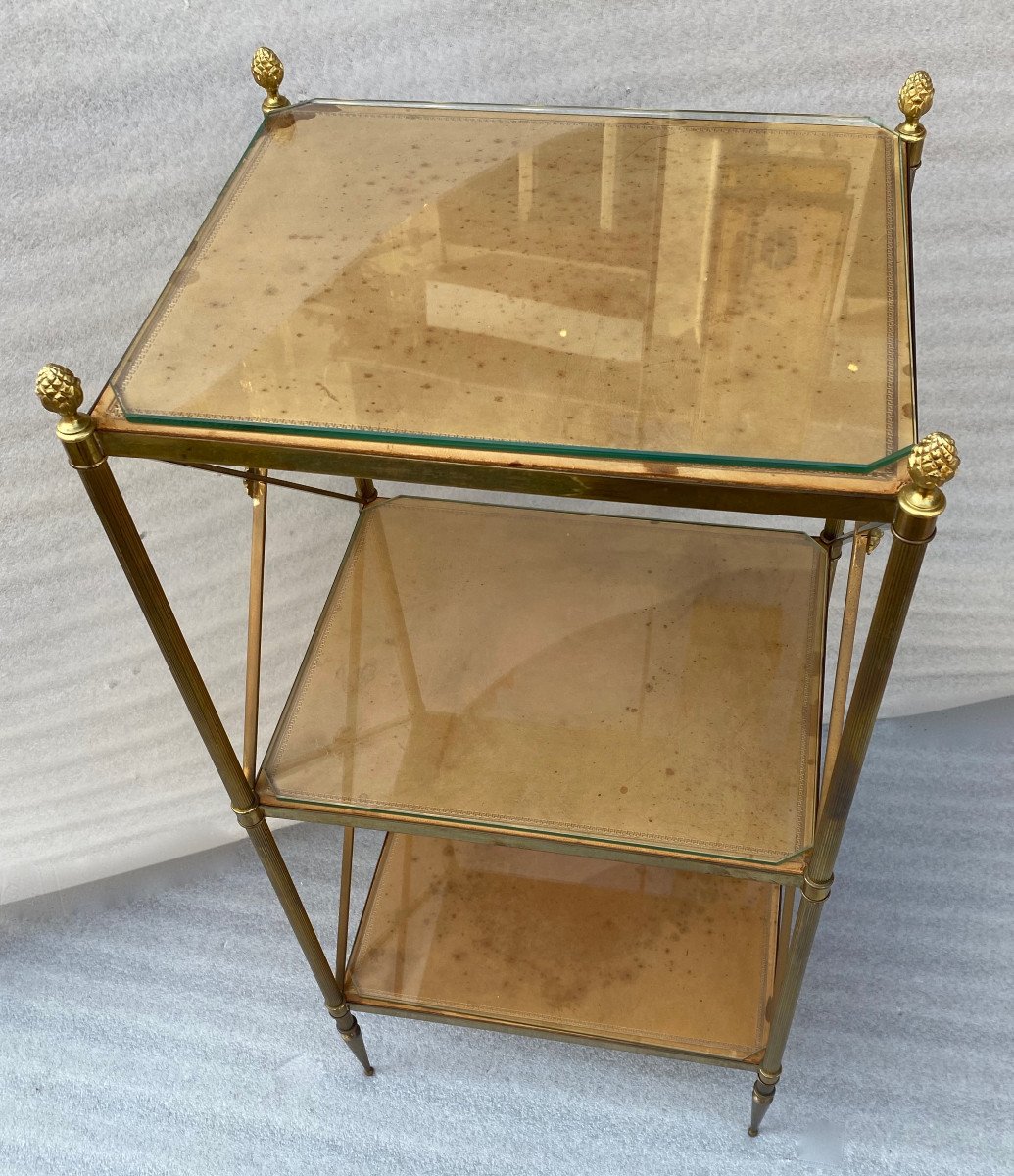 1970′ Étagère En Laiton à 3 Niveaux Maison Baguès Plateaux Cuir Vintage 32 X 40 H 86 Cm-photo-2