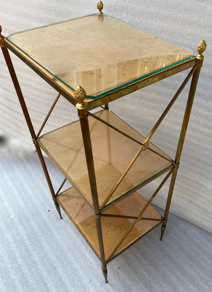 1970′ Étagère En Laiton à 3 Niveaux Maison Baguès Plateaux Cuir Vintage 32 X 40 H 86 Cm