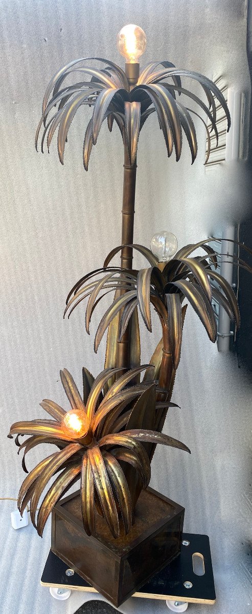 1970′ Palm Tree Floor Lamp In Brass And Patinated Iron Maison Jansen 3 Heads Brutalist Style H170cm