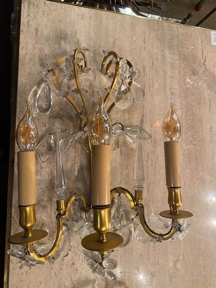 1950′ Chandelier Maison Baguès Bronze And Crystals + Pair Of Sconces H 70 Ø 70 Cm-photo-5