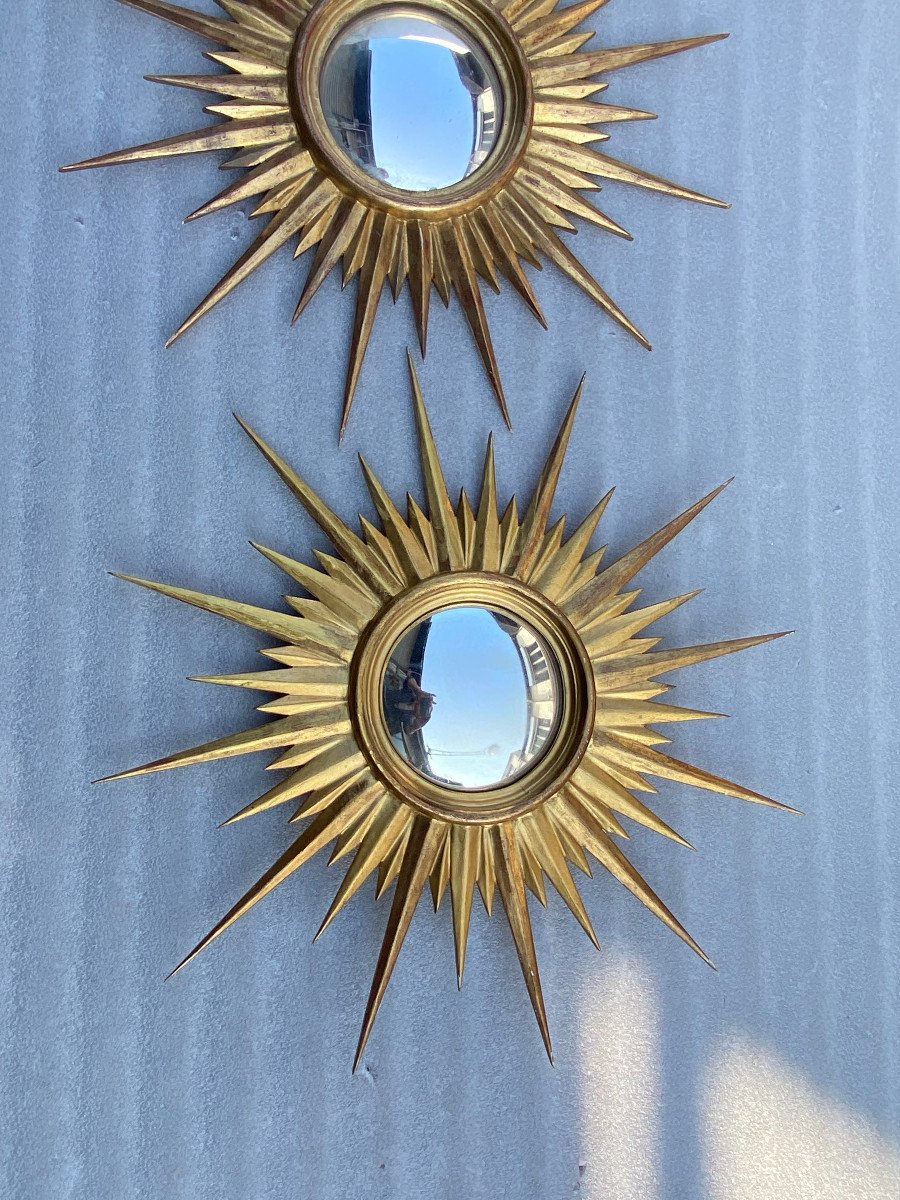 1950′ Pair Of Convex Sun Mirrors, Golden Wood 67 Cm-photo-2