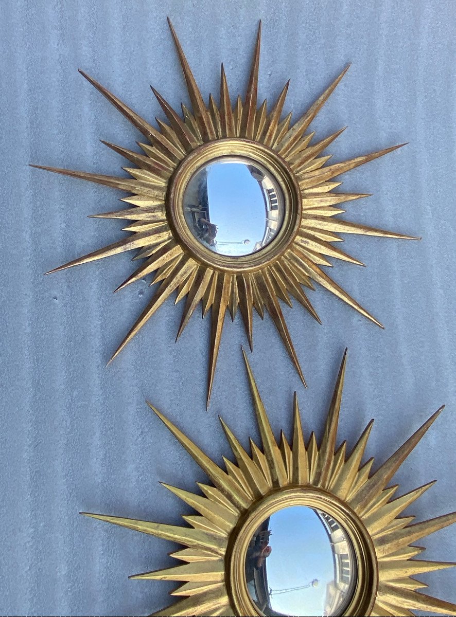 1950′ Paire De Miroirs Soleil Convexe, Bois Doré 67 Cm-photo-3