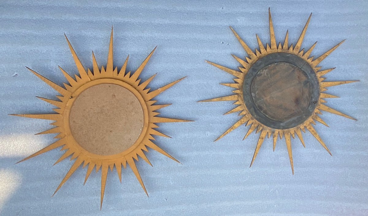 1950′ Pair Of Convex Sun Mirrors, Golden Wood 67 Cm-photo-4