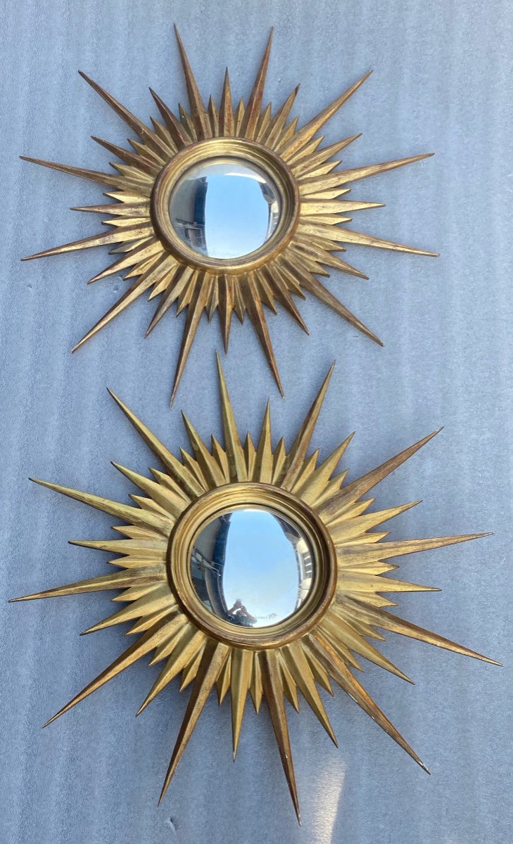 1950′ Paire De Miroirs Soleil Convexe, Bois Doré 67 Cm-photo-1