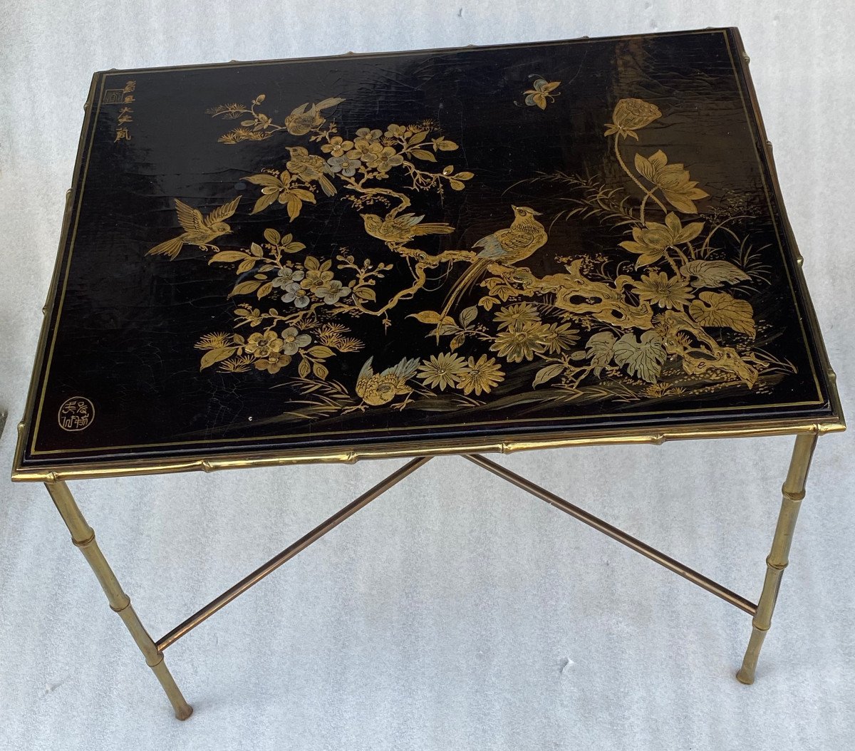 1950′ Maison Baguès/jansen Table Bamboo Decor In Gilt Bronze With Chinese Lacquer Tray-photo-2