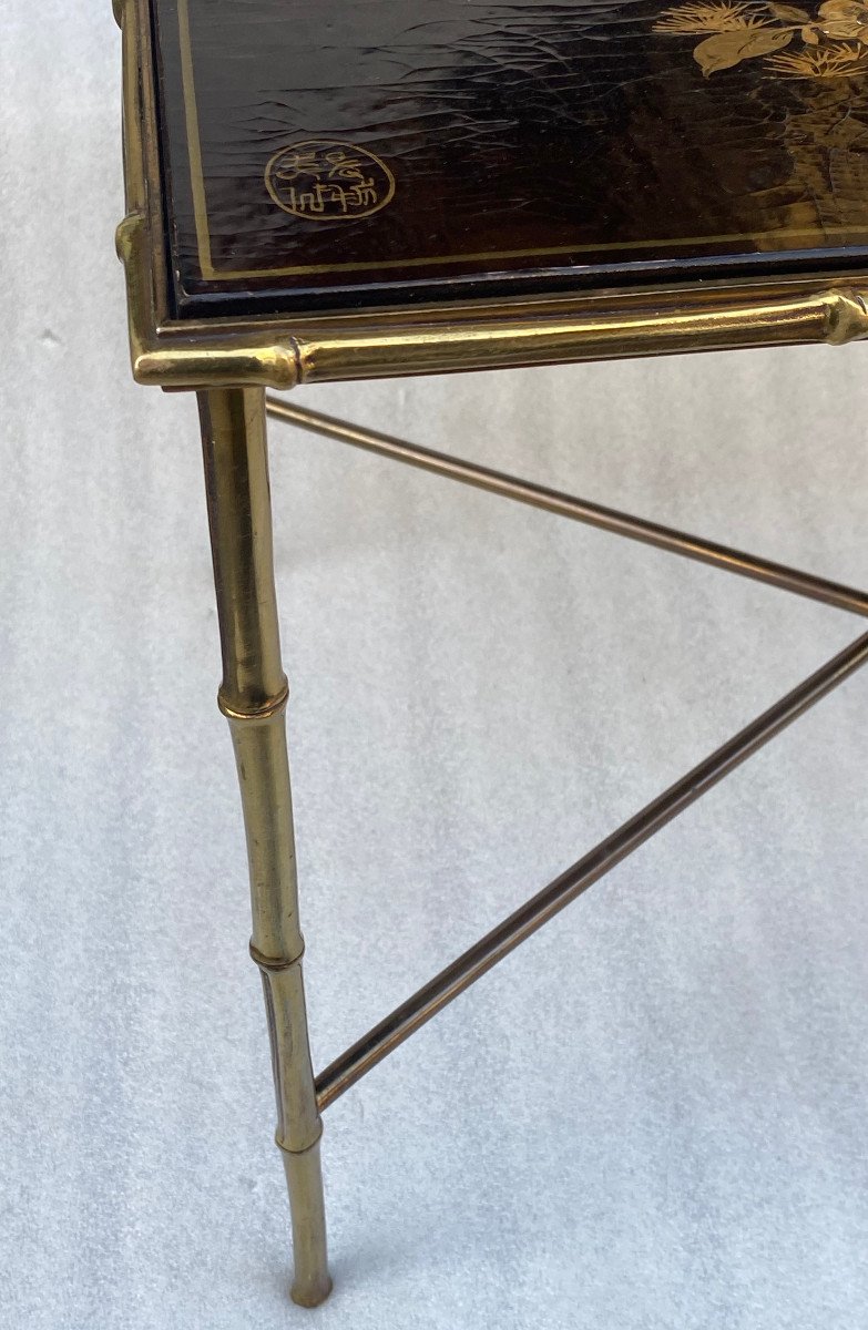 1950′ Maison Baguès/jansen Table Bamboo Decor In Gilt Bronze With Chinese Lacquer Tray-photo-4