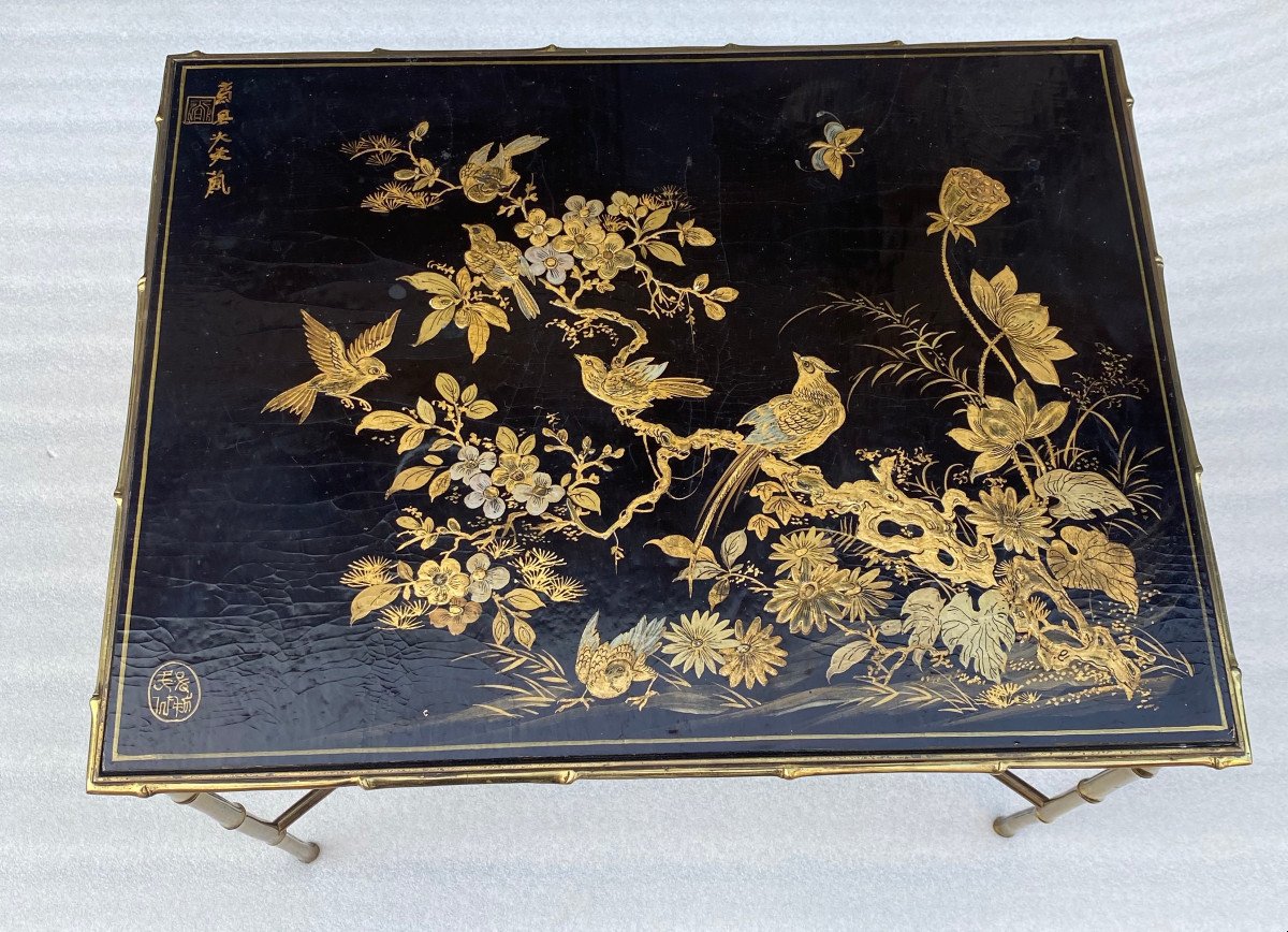 1950′ Maison Baguès/jansen Table Bamboo Decor In Gilt Bronze With Chinese Lacquer Tray-photo-5