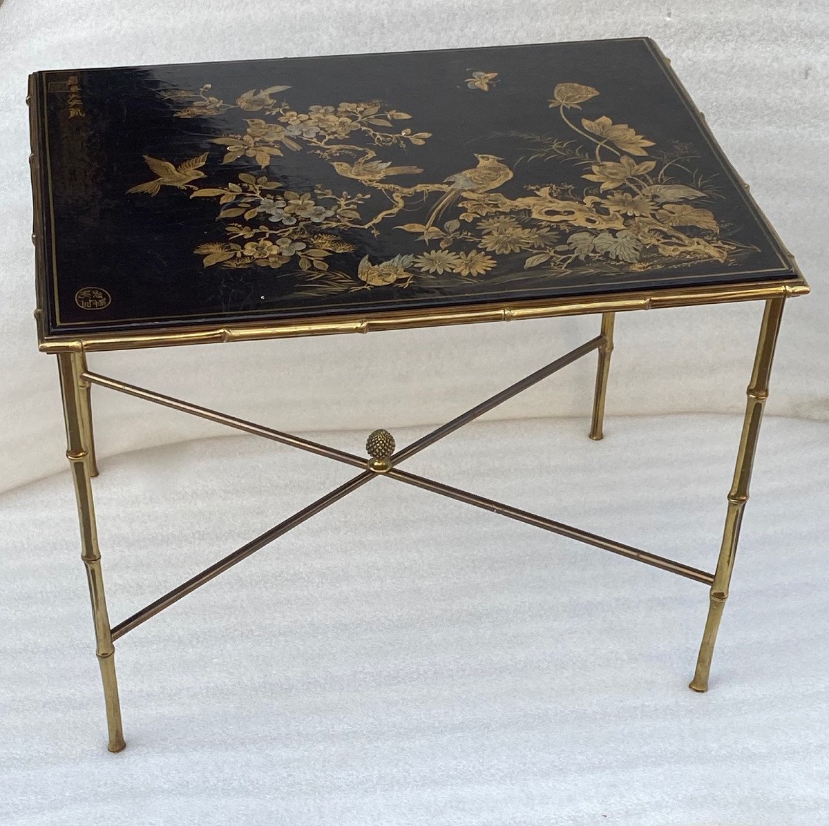 1950′ Table Maison Baguès/jansen Décor Bambou En Bronze Doré Avec Plateau Laque De Chine -photo-8