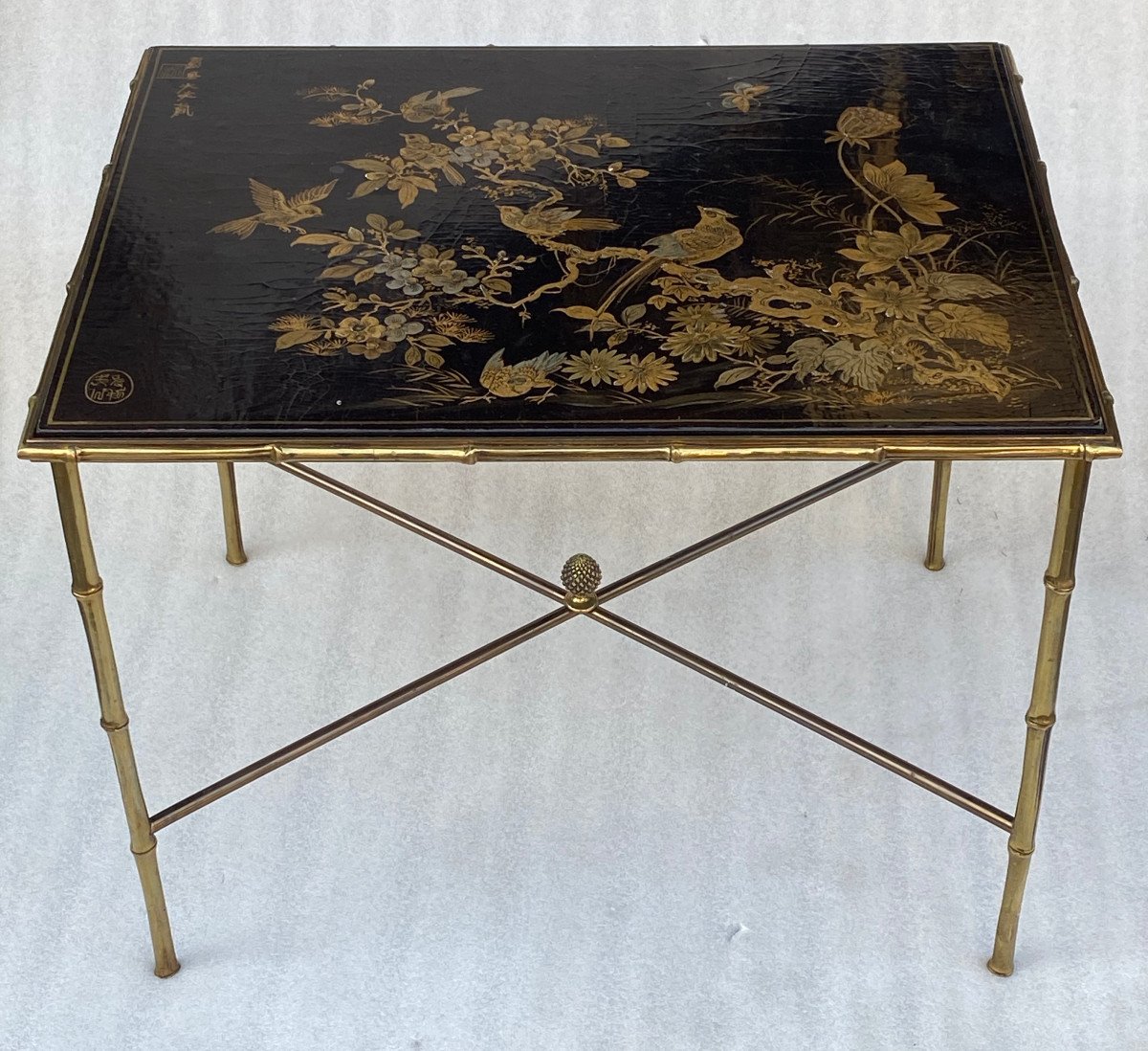 1950′ Table Maison Baguès/jansen Décor Bambou En Bronze Doré Avec Plateau Laque De Chine 