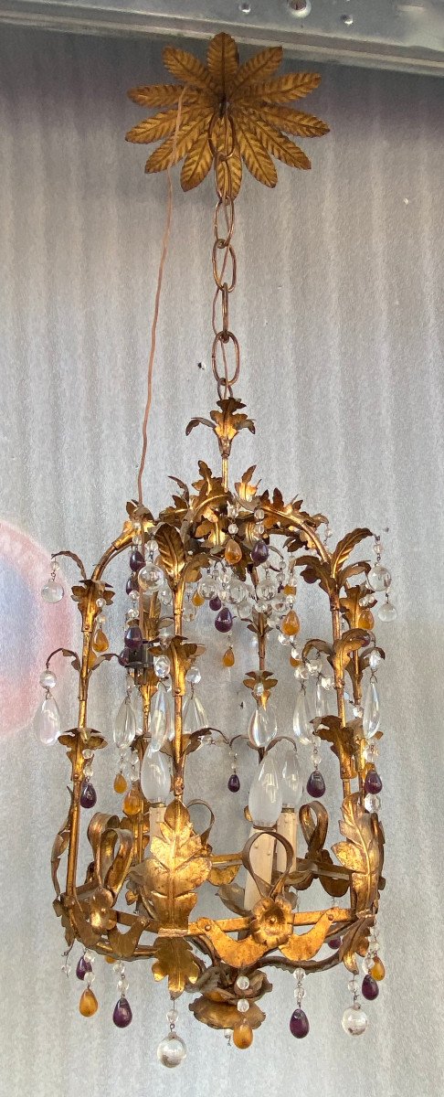 1970′ Italian Lantern In Golden Iron With Colored Glass Pendants H 80 Cm-photo-6