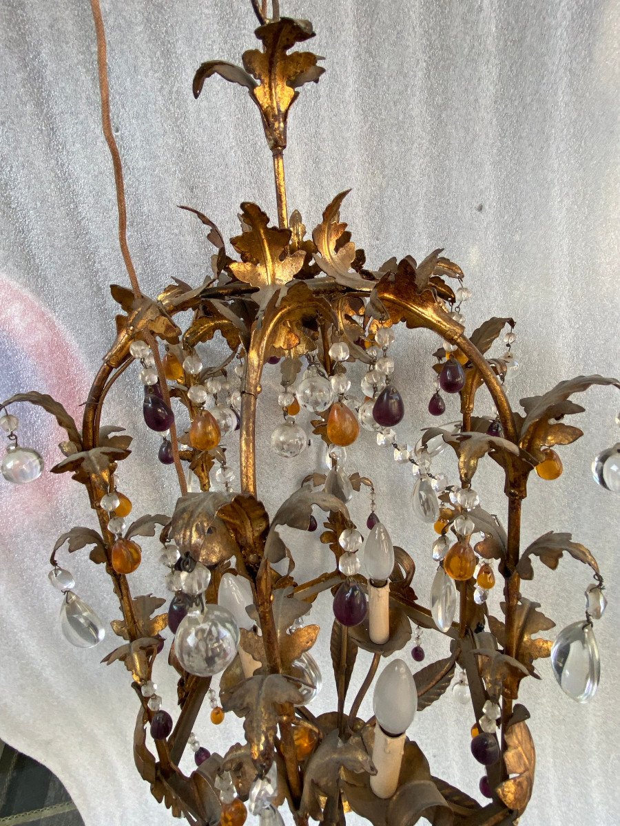1970′ Italian Lantern In Golden Iron With Colored Glass Pendants H 80 Cm-photo-7