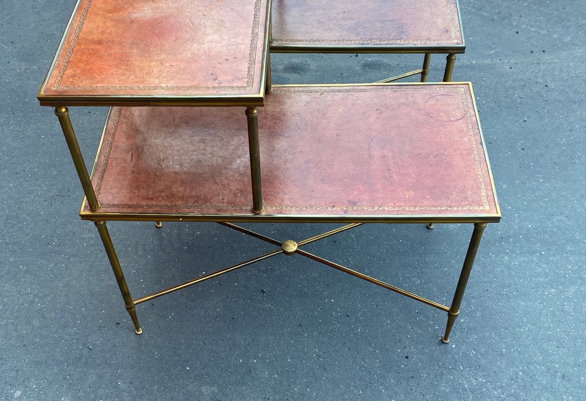 1970′ Paire De Tables à Étage En Bronze Patiné Gainées De Cuir Maison Jansen 71 X 36 Cm-photo-4