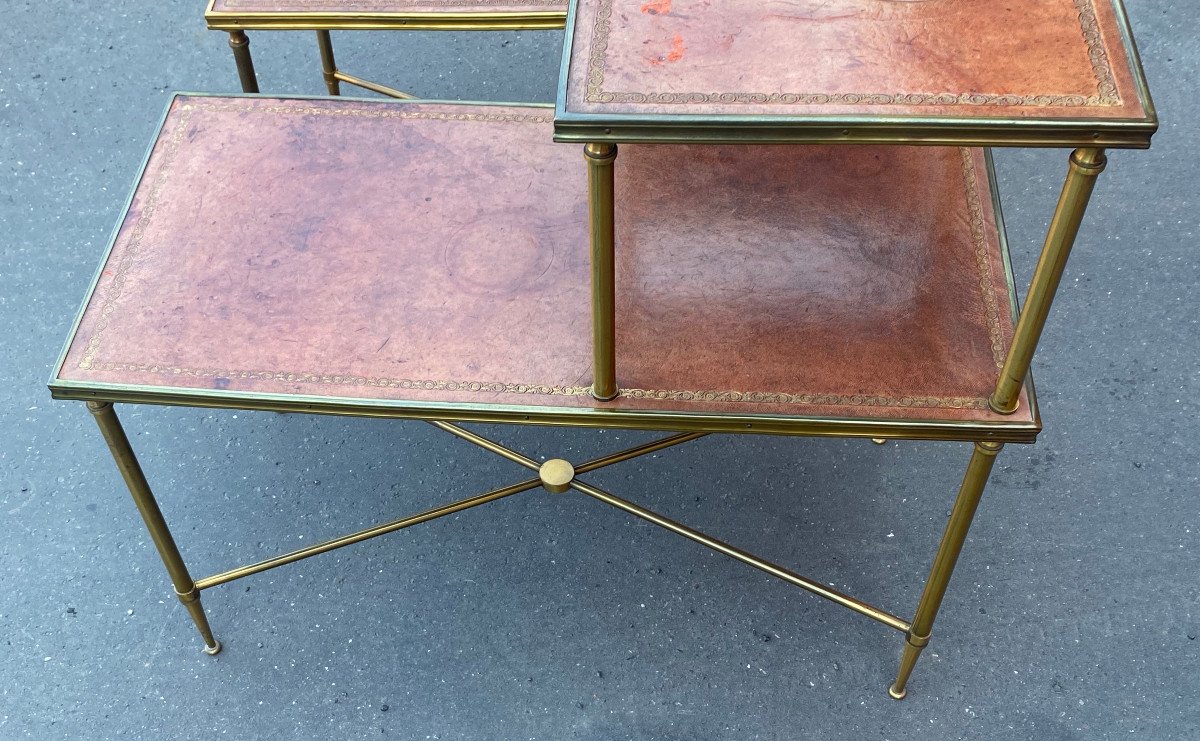 1970′ Paire De Tables à Étage En Bronze Patiné Gainées De Cuir Maison Jansen 71 X 36 Cm-photo-7