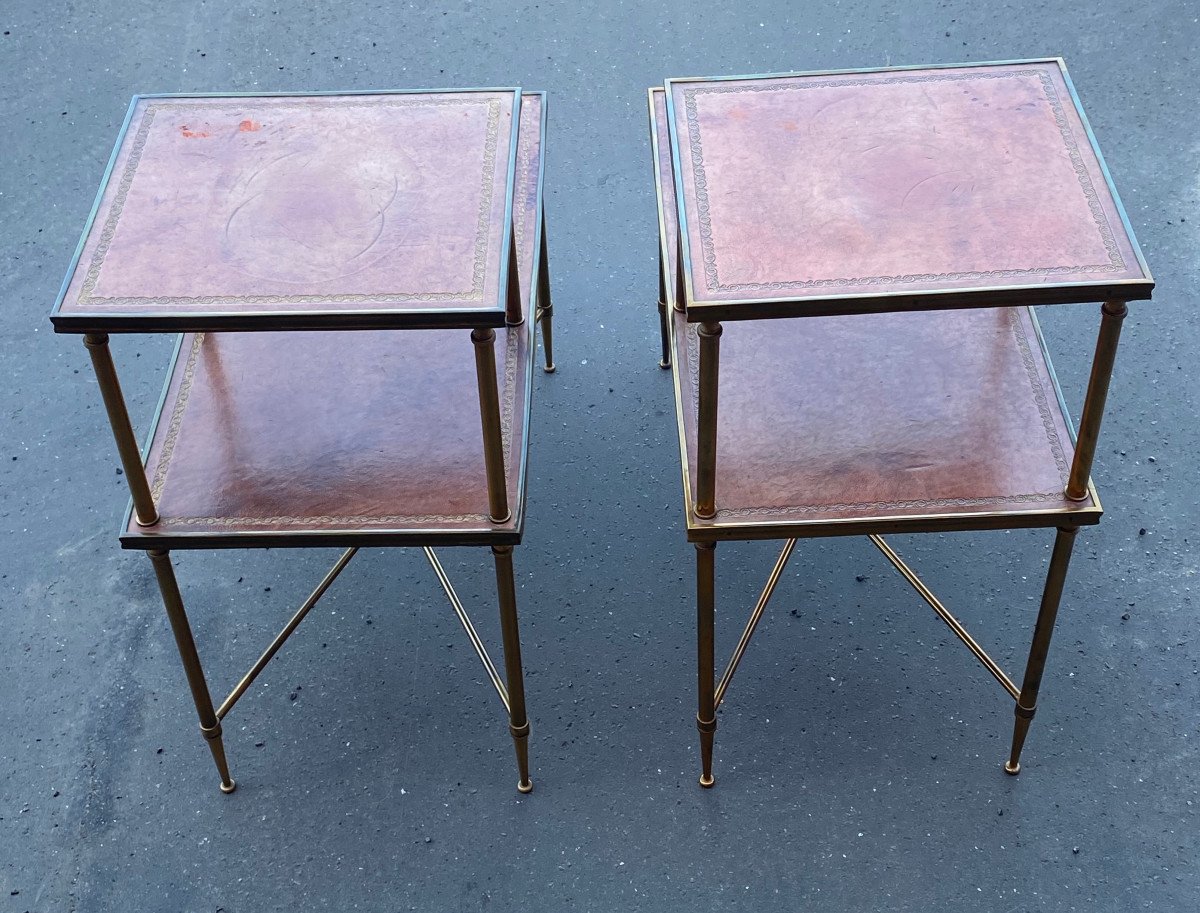 1970′ Paire De Tables à Étage En Bronze Patiné Gainées De Cuir Maison Jansen 71 X 36 Cm-photo-8