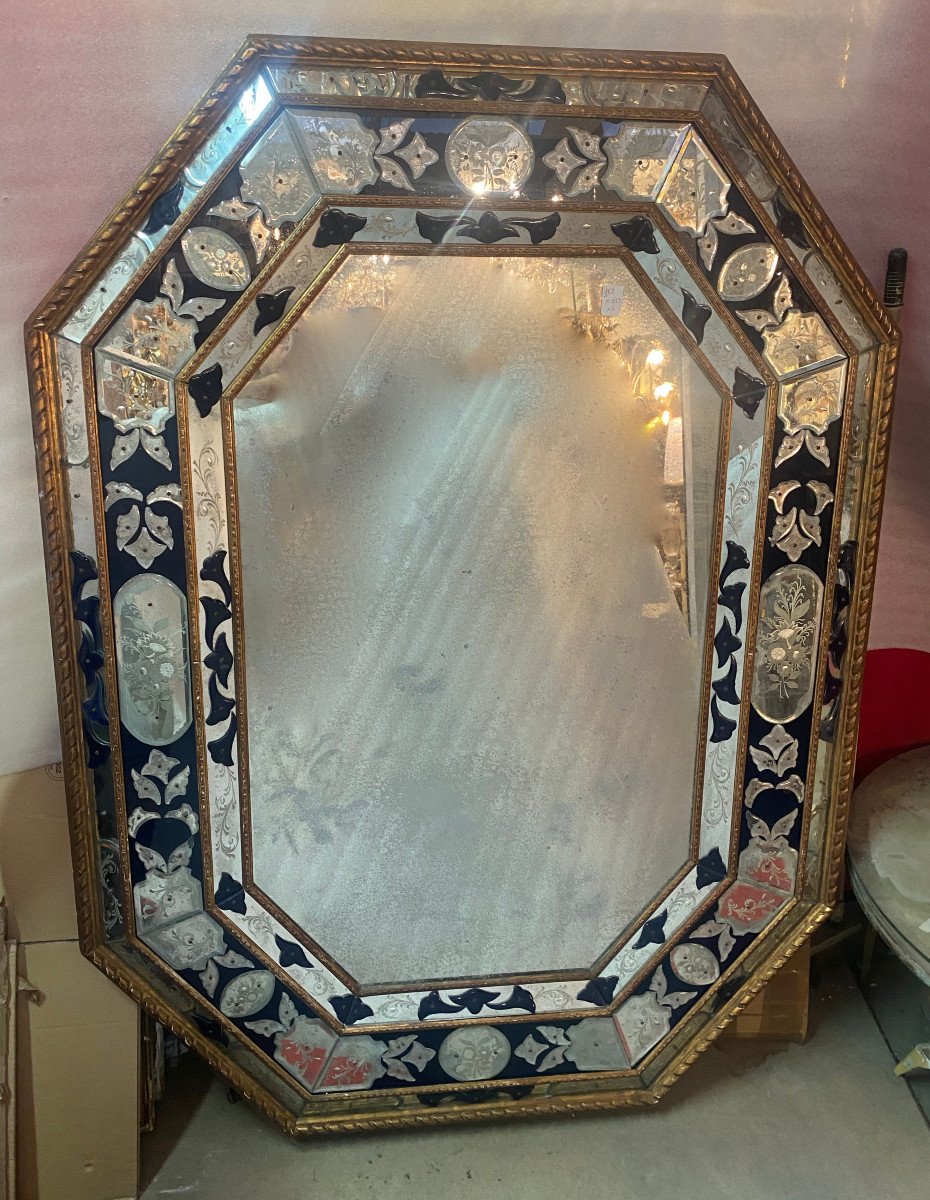 1970/80 Venice Octagonal Mirror Style Louis 14 Pareclose Golden Wood With Blue Glass Ornaments-photo-2