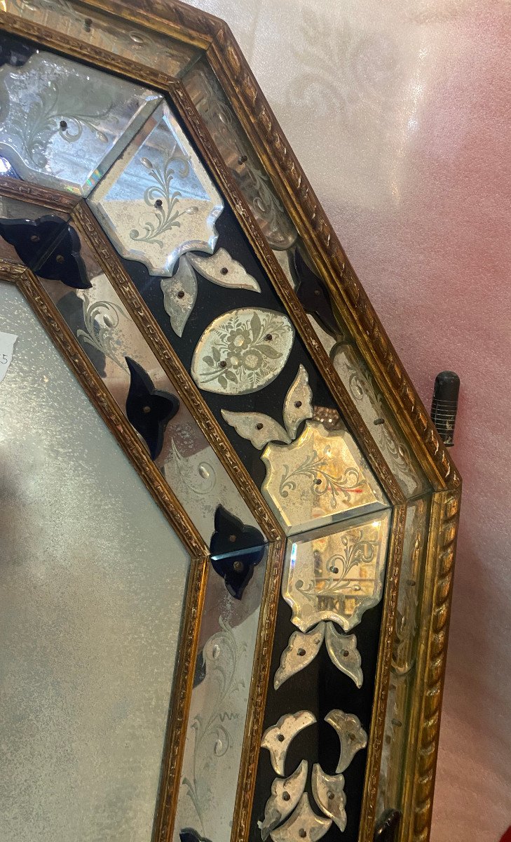 1970/80 Miroir Venise Octogonal Style Louis 14 Pareclose Bois Doré Avec Ornements En Verre Bleu-photo-4