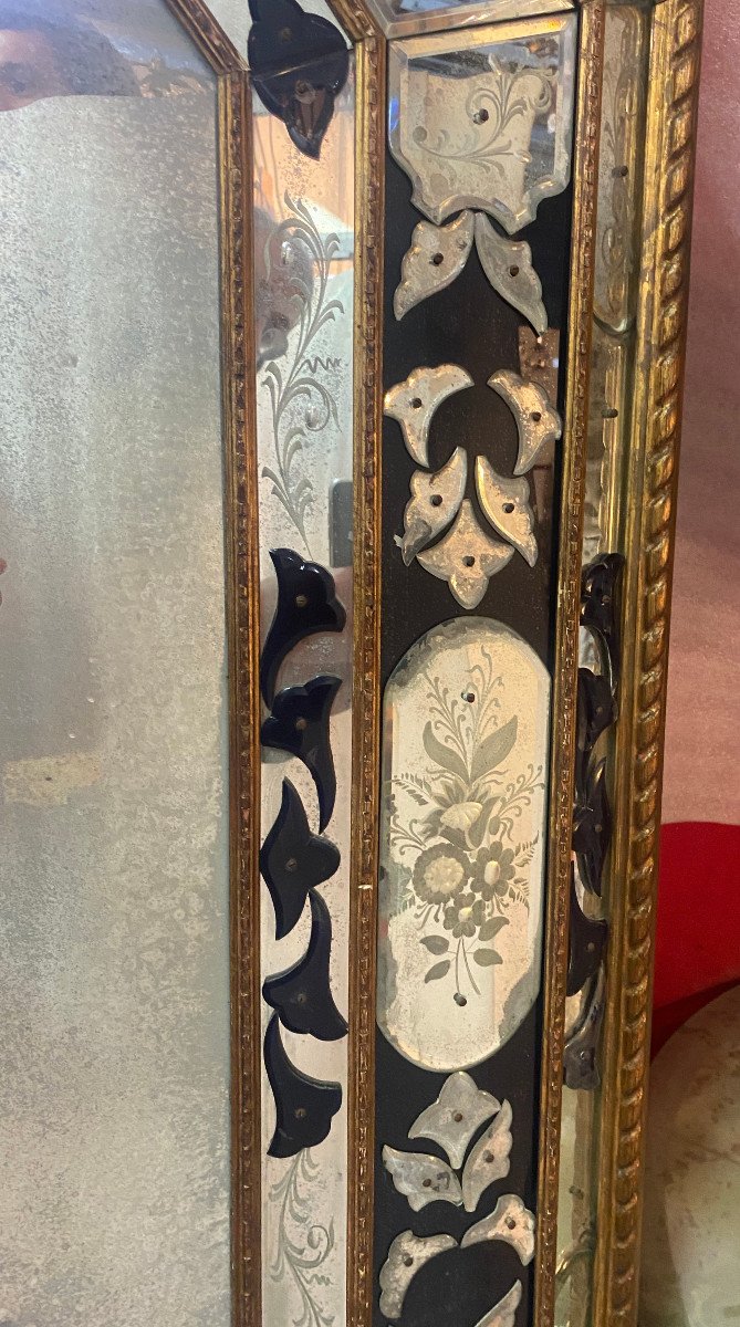 1970/80 Miroir Venise Octogonal Style Louis 14 Pareclose Bois Doré Avec Ornements En Verre Bleu-photo-5
