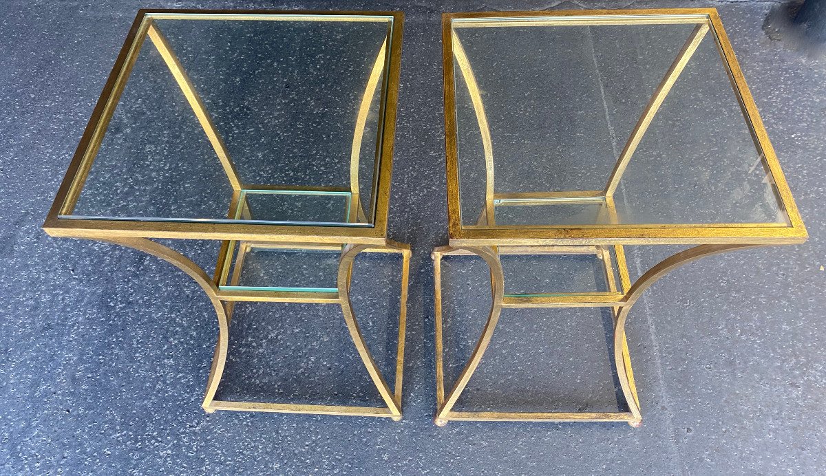 1950/70 Pair Of Pedestal Tables By Roger Thibier In Golden Wrought Iron Al 'or-photo-2