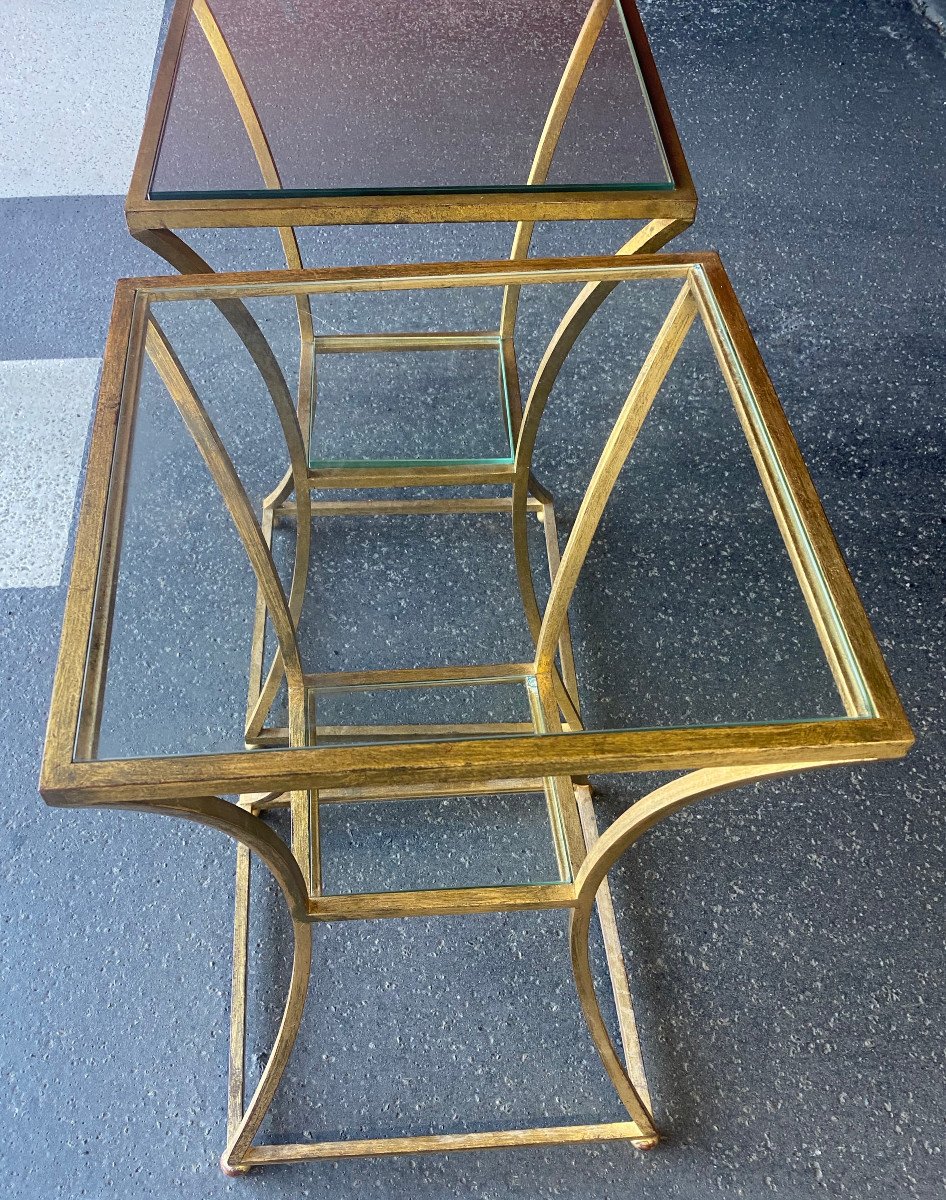 1950/70 Pair Of Pedestal Tables By Roger Thibier In Golden Wrought Iron Al 'or-photo-7