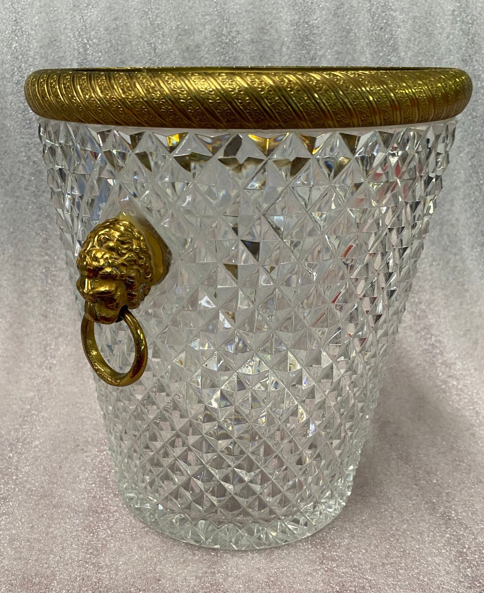 1950-70′ St Louis Crystal And Gilt Bronze Champagne Bucket With Lion Heads