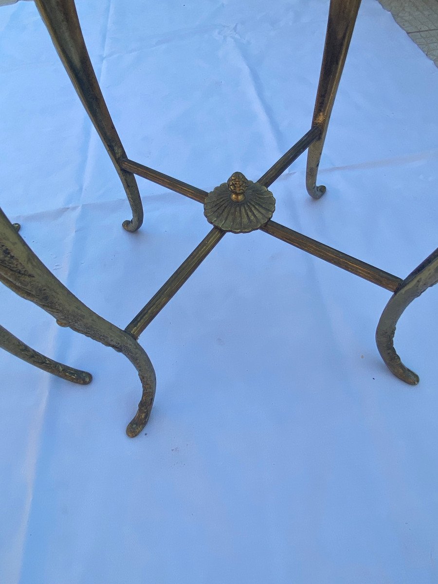 1970′ Paire De Sellettes En Bronze Doré Style Lxv Plateaux Marquetterie D’onyx H 46 , ø 37 Cm-photo-2