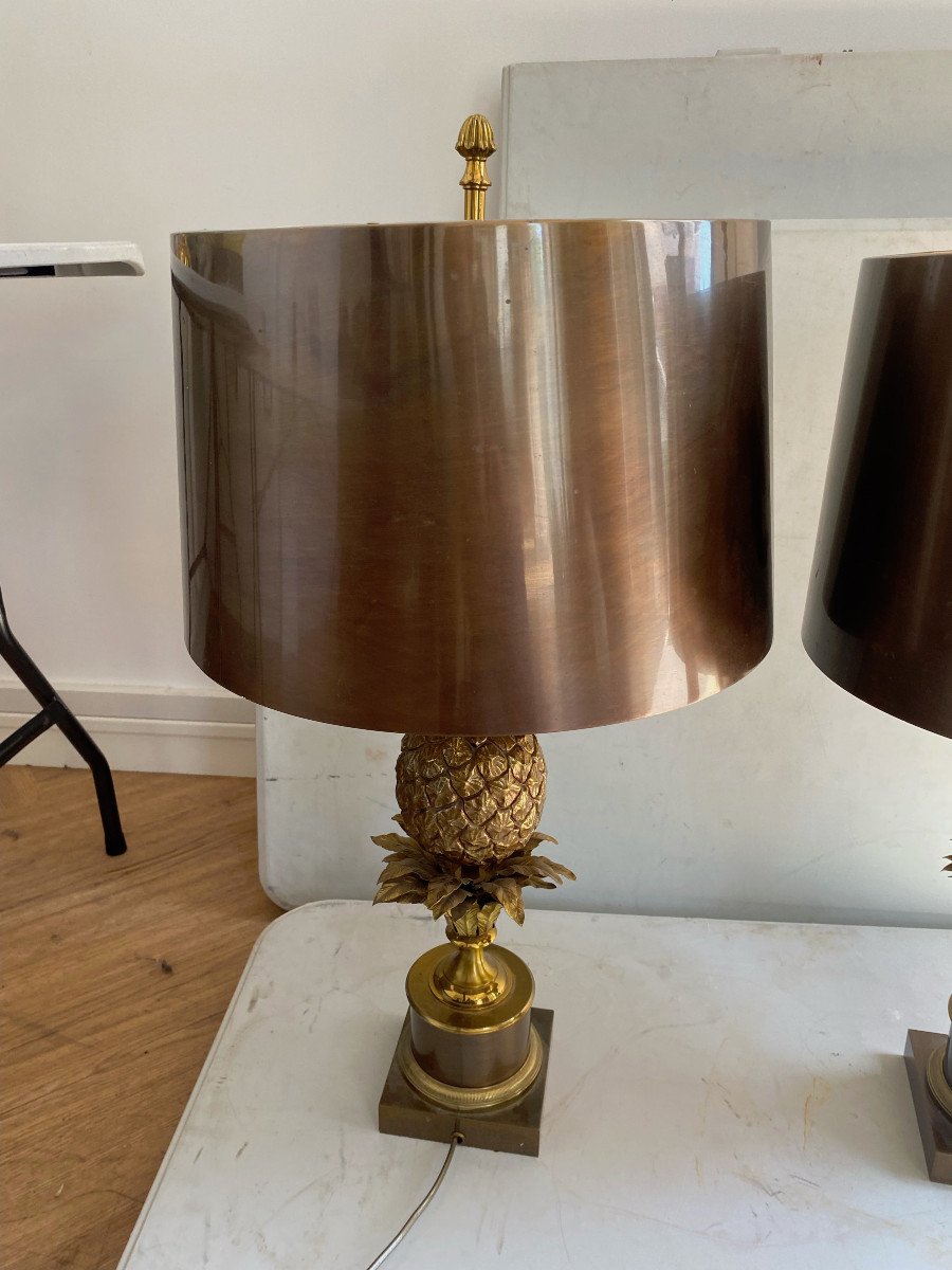 1950/70 Pair Bronze Pineapple Lamps, Brass Shade, Charles & Son, Order Parts-photo-2