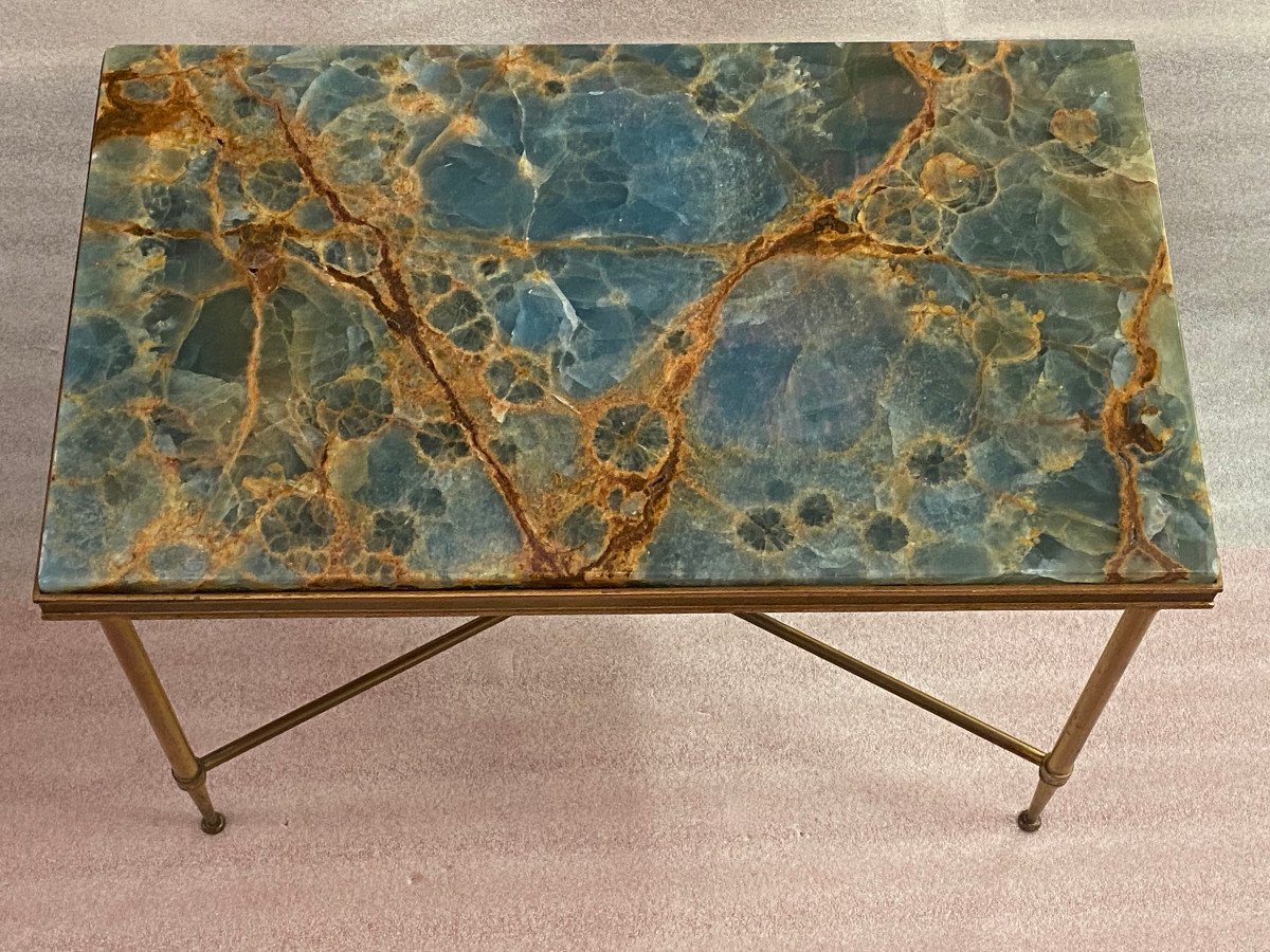 1950/70′ Bout De Canapé Bronze, Plateau Marbre Ou Onyx Bleu Et Rouille Maison Charles Signé,Entretoise-photo-3